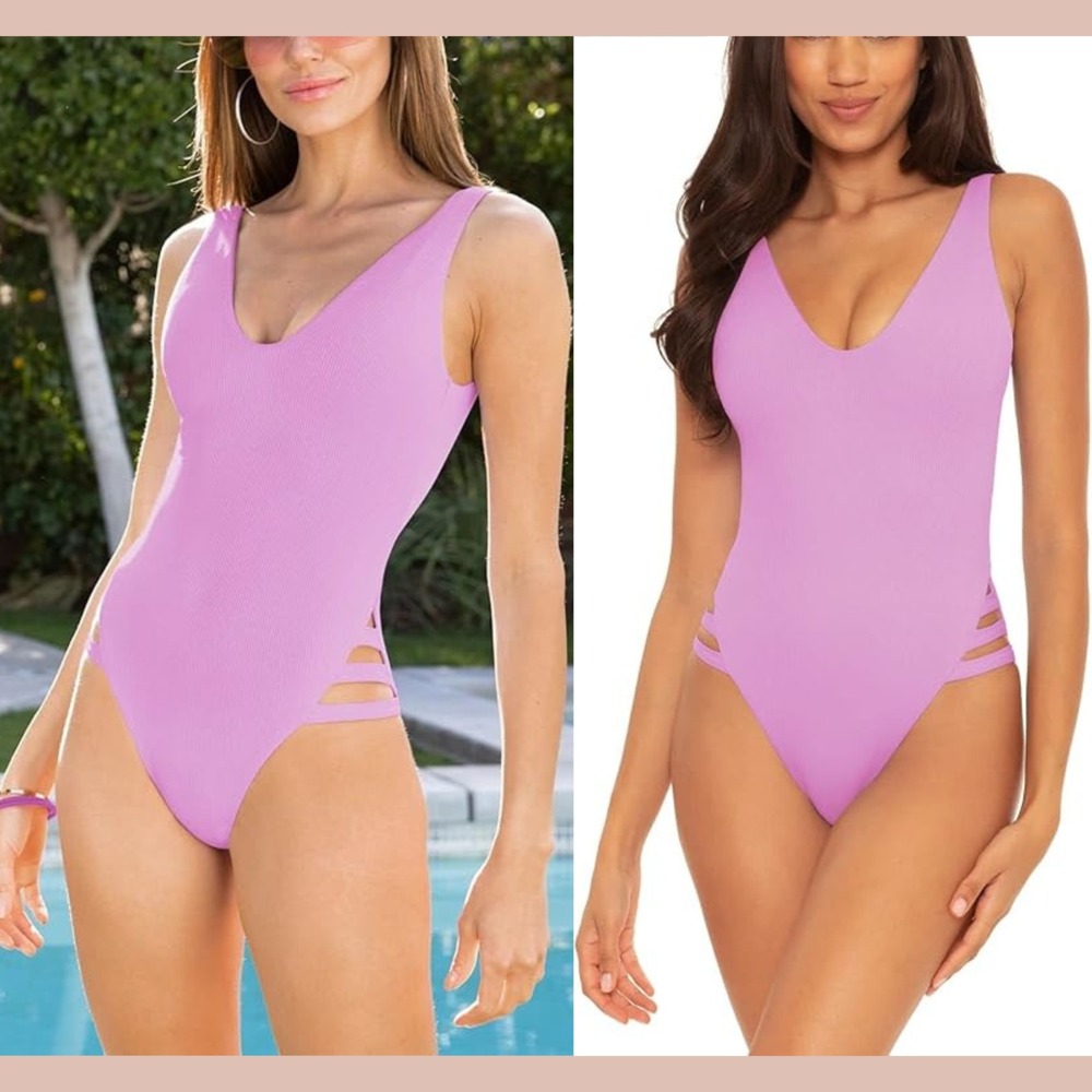 NEW Becca [ Small ] Fine Line Rib Sophie Strappy High Leg OnePiece Swimsuit 7019